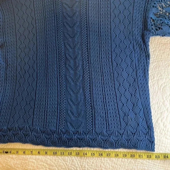 Knit Lacy Crochet Cable Sweater Womens Large Long Sleeves Blue Cottage Core Boho - Picture 12 of 16